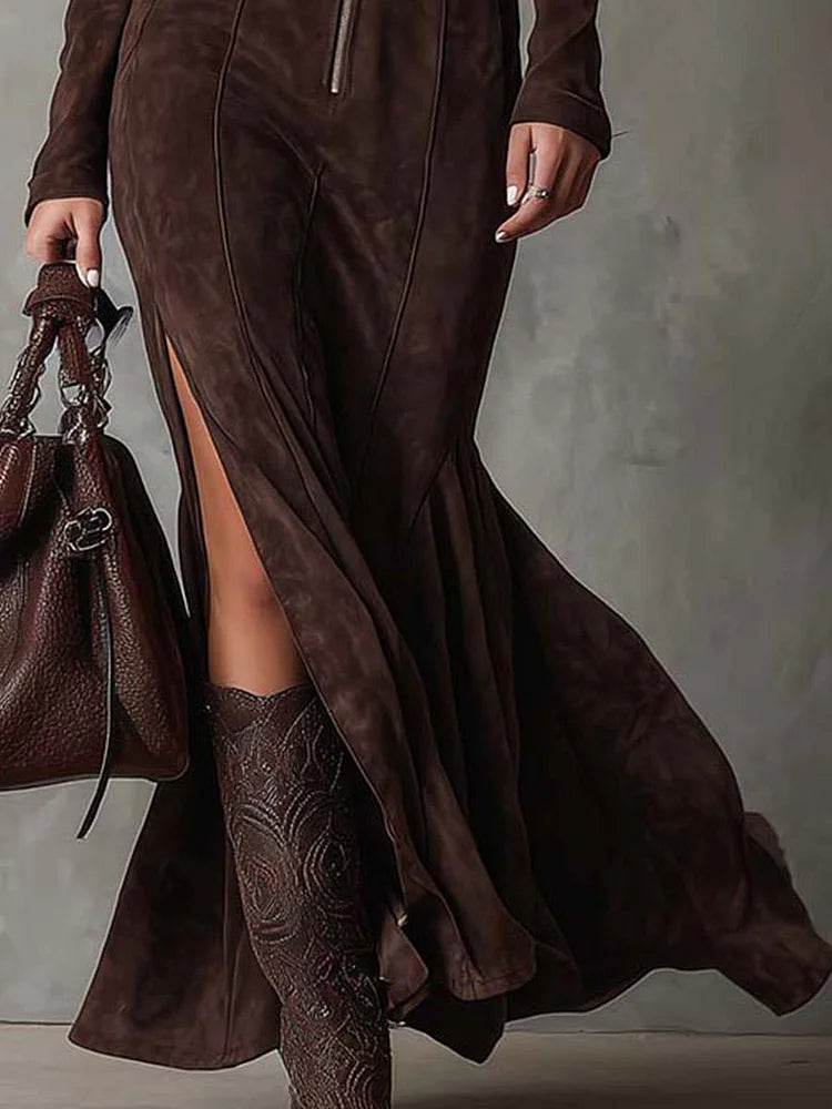 Cataina™ | Robe longue vintage marron avec ceinture